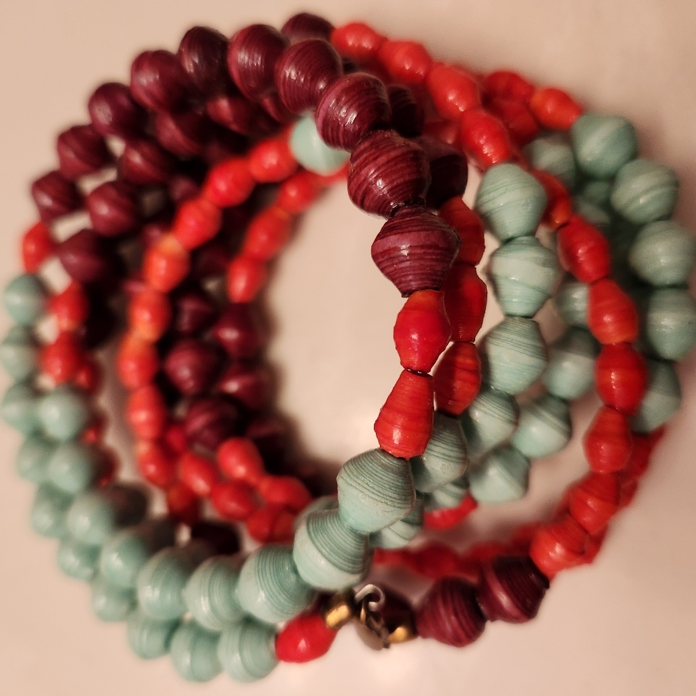 Noonday Paperbead Bracelet. Orange, Mint Green and Burgundy Color Wrap Bracelet